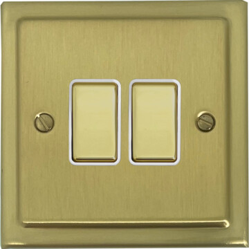 trimline satin brass light switch (2 gang/brass switches/white insert) front fc20825