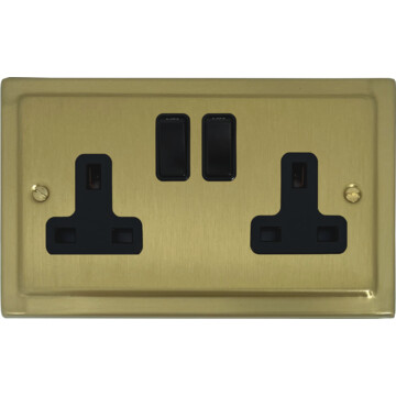 trimline satin brass double socket (black switches) front fc20825