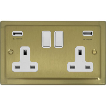 trimline satin brass double socket with usb (white switches) front fc20825