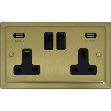 trimline satin brass double socket with usb (black switches) front fc20825