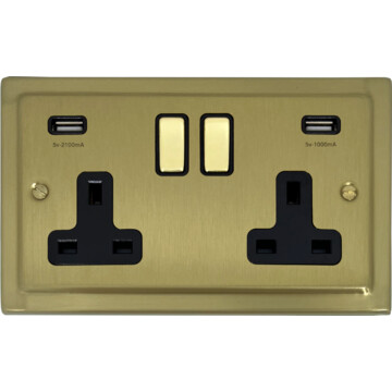 trimline satin brass double socket with usb (brass switches/black inserts) front fc20825