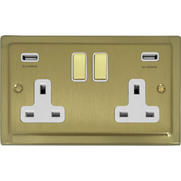 trimline satin brass double socket with usb (brass switches/white insert) front fc20825