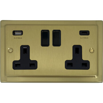 trimline satin brass double socket with usb (usb a and usb c/black switches) front fc20825