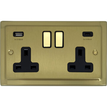 trimline satin brass double socket with usb (usb a and usb c/black inserts/brass switches) front fc20825