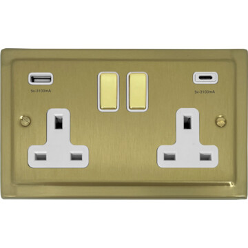 trimline satin brass double socket with usb (usb a and usb c/white inserts/brass switches) front fc20825