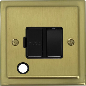 trimline satin brass switched fused spur with flex outlet (black switch) front fc20825
