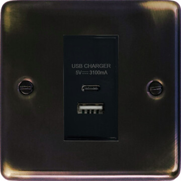 contour aged brass usb charger (usb a and usb c) (1 gang) front fc20825