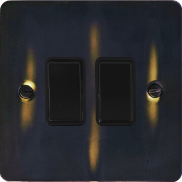 flat aged brass light switch (2 gang/black switches) front fc20825