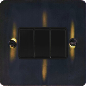 flat aged brass light switch (3 gang/black switches) front fc20825