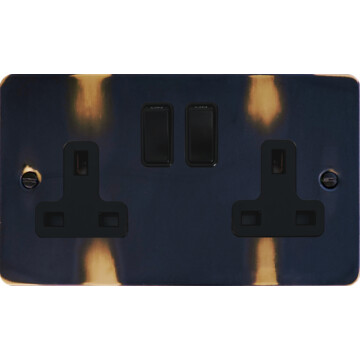 flat aged brass double socket (black switches) front fc20825