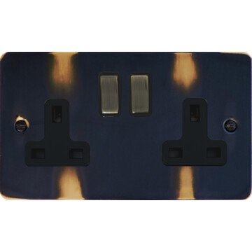 flat aged brass double socket (black insert/ antique brass switches) front fc20825