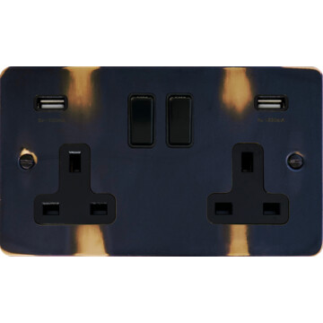 flat aged brass double socket with usb (black switches) front fc20825