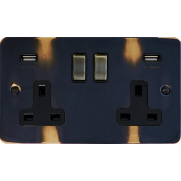 flat aged brass double socket with usb (black insert/antique brass switches) front fc20825