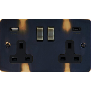 flat aged brass double socket with usb (usb a and usb c/antique bronze switches) front fc20825
