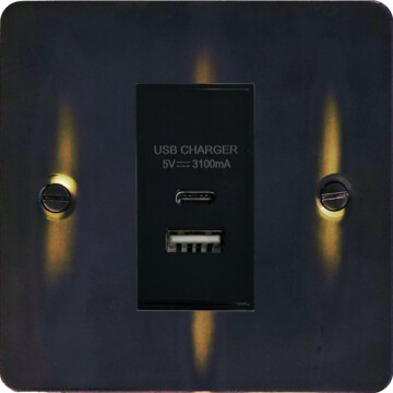 flat aged brass usb charger (usb a and usb c) (black insert/1 gang) front fc20825