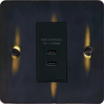 flat aged brass usb charger (2x usb c) (black insert/1 gang) front fc20825
