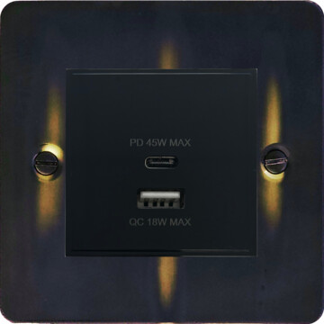 flat aged brass usb charger (dual usb a + c quick charge) (black insert/1 gang) front fc20825