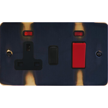 flat aged brass cooker switch with socket (black switch) front fc20825