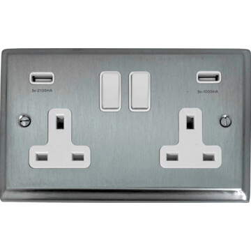 deco satin chrome double socket with usb (white switch) front fc20825