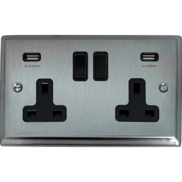 deco satin chrome double socket with usb (black switch) front fc20825
