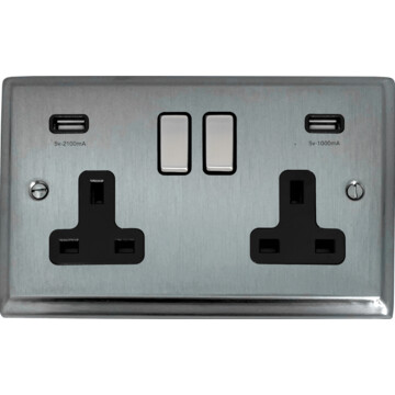 deco satin chrome double socket with usb (black insert/matching switch) front fc20825