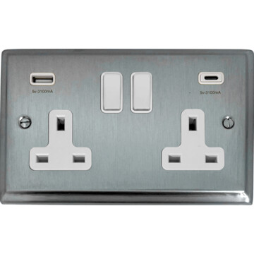 deco satin chrome double socket with usb (usb a and usb c/white switches) front fc20825