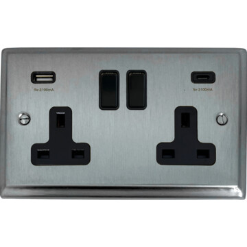 deco satin chrome double socket with usb (usb a and usb c/black switches) front fc20825