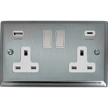 deco satin chrome double socket with usb (usb a and usb c/white insert/matching switch) front fc20825