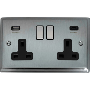 deco satin chrome double socket with usb (usb a and usb c/black insert/matching switch) front fc20825