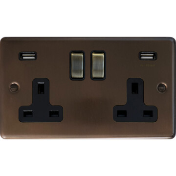contour medium bronze double socket with usb (black inserts/antique brass switches) front fc20825
