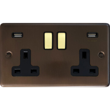 contour medium bronze double socket with usb (black inserts/polished brass switches) front fc20825