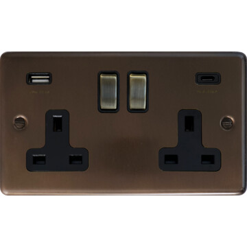contour medium bronze double socket (2 gang/usb a and usb c/antique brass switches) front fc20825