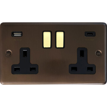 contour medium bronze double socket (2 gang/usb a and usb c/polished brass switches) front fc20825