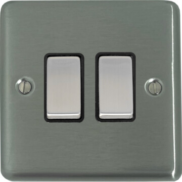 contour brushed steel light switch (2 gang/black insert/satin chrome switches) front fc20825