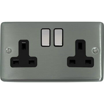 contour brushed steel double socket (black insert/satin chrome switches) front fc20825