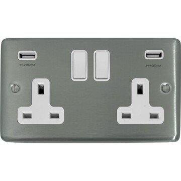 contour brushed steel double socket with usb (white switches) front fc20825