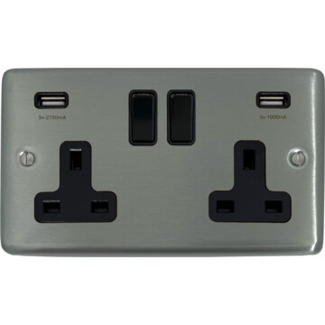 contour brushed steel double socket with usb (black switches) front fc20825