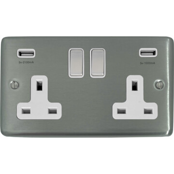 contour brushed steel double socket with usb (white insert/satin chrome switches) front fc20825