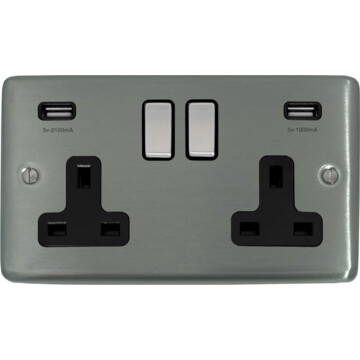 contour brushed steel double socket with usb (black insert/satin chrome switches) front fc20825