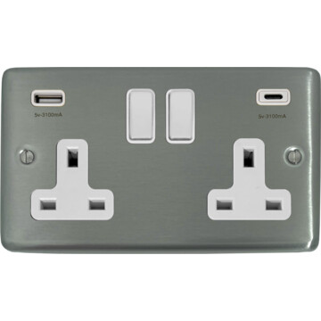 contour brushed steel double socket with usb (2 gang/usb a and usb c/white switches) front fc20825