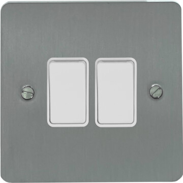 flat brushed steel light switch (2 gang/white switches) front fc20825
