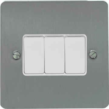flat brushed steel light switch (3 gang/white switches) front fc20825
