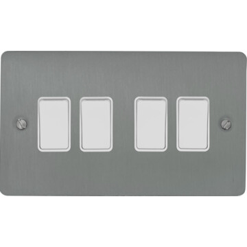 flat brushed steel light switch (4 gang/white switches) front fc20825