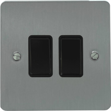 flat brushed steel light switch (2 gang/black switches) front fc20825