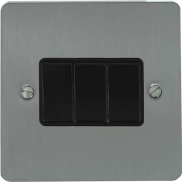 flat brushed steel light switch (3 gang/black switches) front fc20825