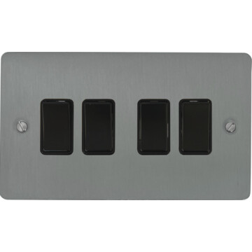 flat brushed steel light switch (4 gang/black switches) front fc20825