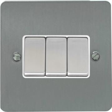 flat brushed steel light switch (3 gang/white insert/satin chrome switches) front fc20825