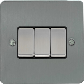 flat brushed steel light switch (3 gang/black insert/satin chrome switches) front fc20825