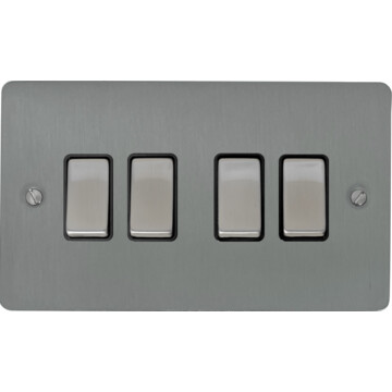 flat brushed steel light switch (4 gang/black insert/satin chrome switches) front fc20825