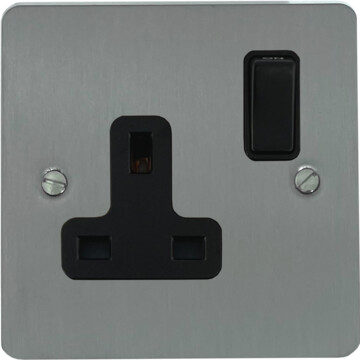 flat brushed steel single socket (black switch) front fc20825
